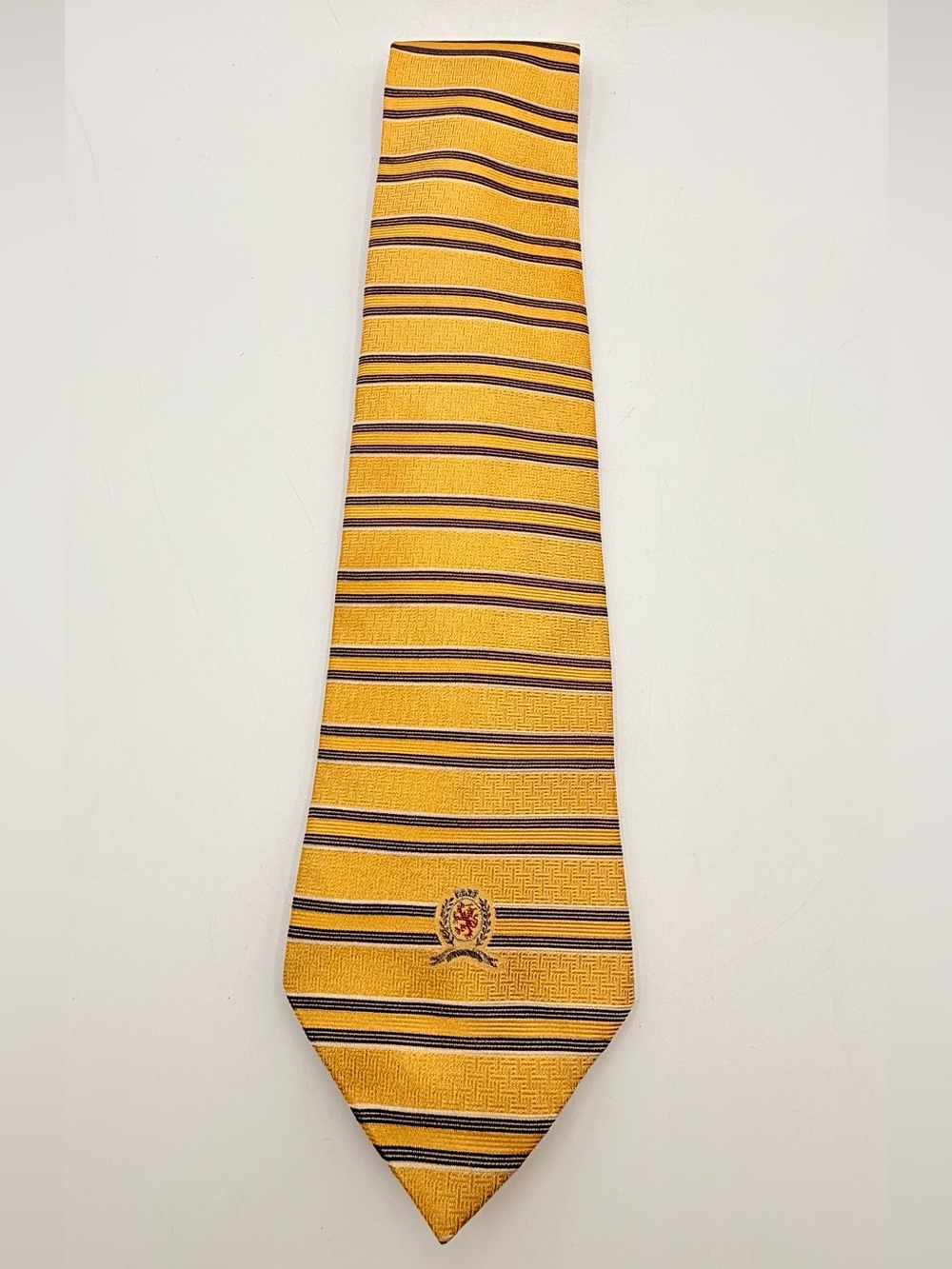 Vintage Tommy Hilfiger Silk Tie Yellow/Navy Striped Crest Logo USA Made Necktie